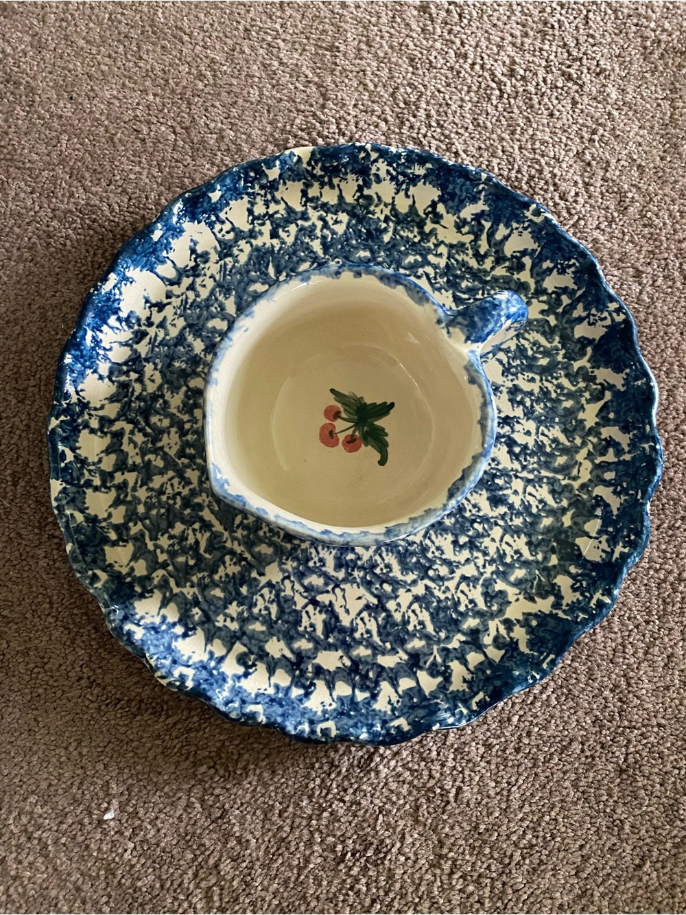 Stoneware Blue & White Sponged Chip and Dip Bowl with Cherry Motif. 1999-2000